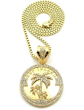 Steinbesetzte RGF Island Medalle Anhänger mit Palmen Rand mit Goldton Halskette