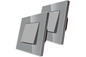 2 Pack CNBINGO 2-Way Rocker Button Switch with Phosphor Dots, Modern Crystal Glass Grey Wall Panel, Electrical Double Light Switch, 2 Gang 2 Way