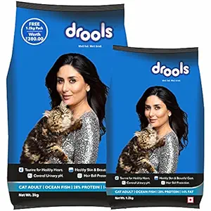 Drools Adult(+1 Year) Dry Cat Food, Ocean Fish, 3 kg with Free 1.2 kg