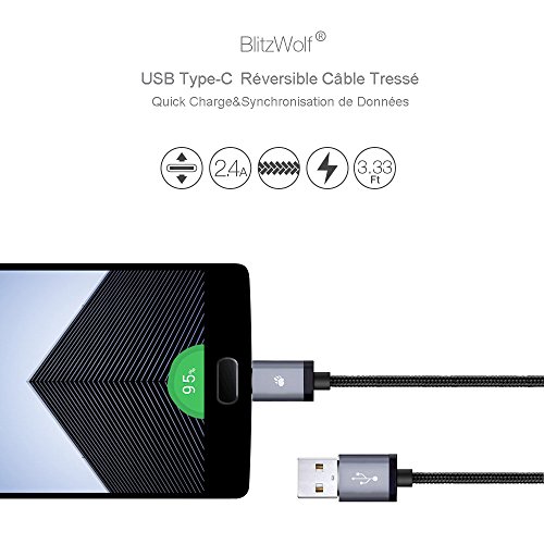 USB C Kabel, BlitzWolf 1M Nylon Typ C Datenkabel Doppelseitig für Nexus 5X 6P, OnePlus 2, Nokia N1, Xiaomi 4C, Zuk Z1, Apple Macbook(Schwarz) - 5