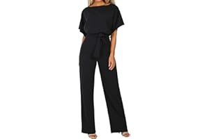 Coloody Damen Lang Jumpsuit Overall Hosenanzug Elegant Romper Kurzarm Rundhals Playsuit mit Gürtel Hosenanzug Breite Weites Bein Overall