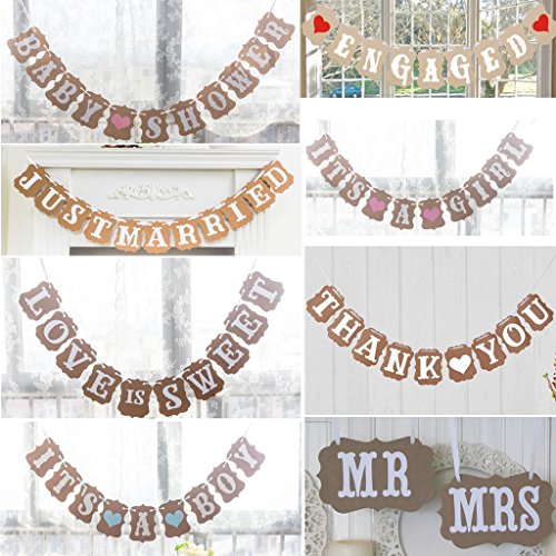 3 M Vintage Style Baby Dusche Hochzeit Party Geburtstag Wimpelkette Banner hängende Dekoration Girlande Papier & Band, khaki, LOVE IS SWEET - 2