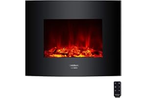 Cecotec Chimenea Eléctrica Ready Warm 2600 Curved Flames. 2000 W, Tamaño 26", 2 Niveles de Potencia, Mando a Distancia, Panel Curvo de Cristal Templado, Temporizador, 25 m2