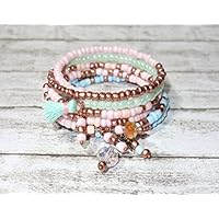 3er Set Wickelarmband Armband Spiralarmreif rosa hellblau grün bunt Farbauswahl Auswahl Perlenarmband Glasperlenarmband handgefertigt Armbandset Boho Ibizaschmuck Ibizaarmband