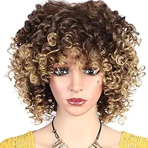 MEIRIYFA Afro Curly Wig with Bangs for Black Women Short Kinky Curly Synthetic Heat Resistant Full Wigs (Blonde)