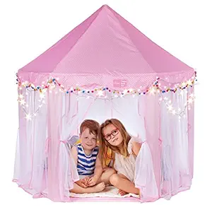 Campela Pink Princess Tent Teepee Castle Girls Large Playhouse - Kids Dream Play Tents with Star Lights for Children Indoor and Outdoor Games 55 x 53 (DxH)