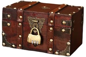 MVSR Vintage Storage Box Wooden Treasure Chest Small Pirate Chest Antique Style jewellery Organizer Handmade Decorative Boxes with Lid and Metal Lock (Password - 18x11x10cm)
