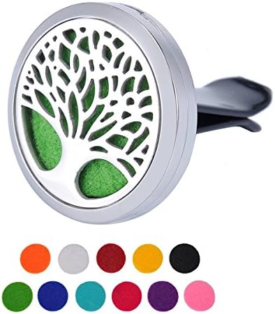 Office Home Car Air Freshener Aromatherapy Essential Oil Diffuser - Tree of Life Stainless Steel Locket - 10 Washable Felt Pads -Silver 30mm