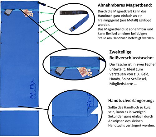 3-tlg Fitness-Handtuch Set mit Reißverschluss Fach + Magnetclip + extra Sporthandtuch | zum Patent angemeldetes Multifunktionshandtuch, Fit-Flip Microfaser Handtuch - 4