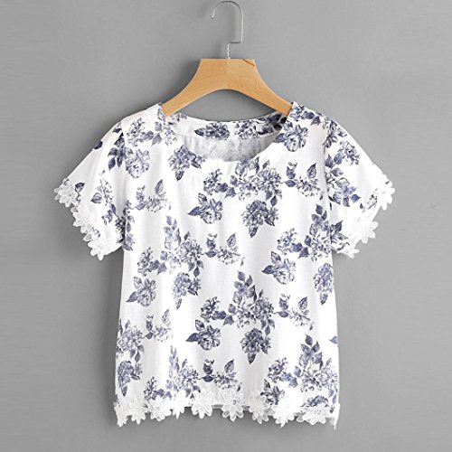 Damen Bluse Internet Gestickte Kurzarm Blumendruck Bluse (L, Weiß) - 2