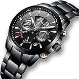 Luxuriöse Herren-Armbanduhr mit Edelstahlband, Quarz-Uhrwerk, Analoganzeige, wasserdicht, mit Datumsanzeige, schwarzes Zifferblatt