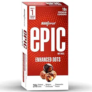 Manforce Epic Hot Dots Enhanced Dotted Premium Condoms For Men, With 396 Raised Dots For Intense Pleasure, Belgian Chocolate Flavour, Disposable Pouch (10 Counts), White