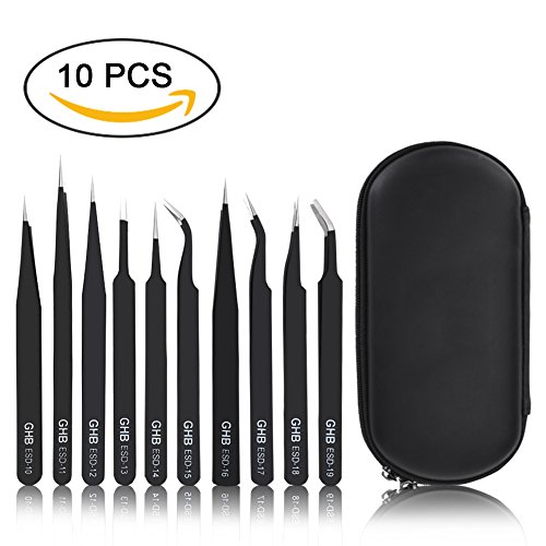GHB 10Pcs Pinzetten ESD Anti Statik Edelstahl präzise Präzisions Reparatur Werkzeug Schwarz für Elektronik Schmuckherstellung Industrie Kosmetik