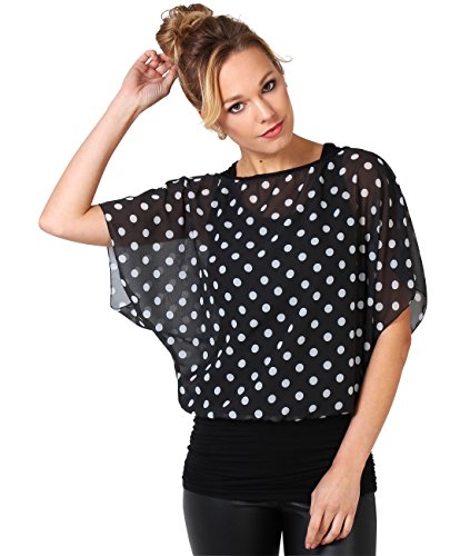 Large Polka Dot Print Cape Batwing Top (16,Black (7248))