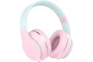 Xunpuls Bezprzewodowe słuchawki nauszne dla dzieci, z mikrofonami, dźwięk stereo, czas odtwarzania 10 h, składane i regulowane, Bluetooth 5.1, różowe