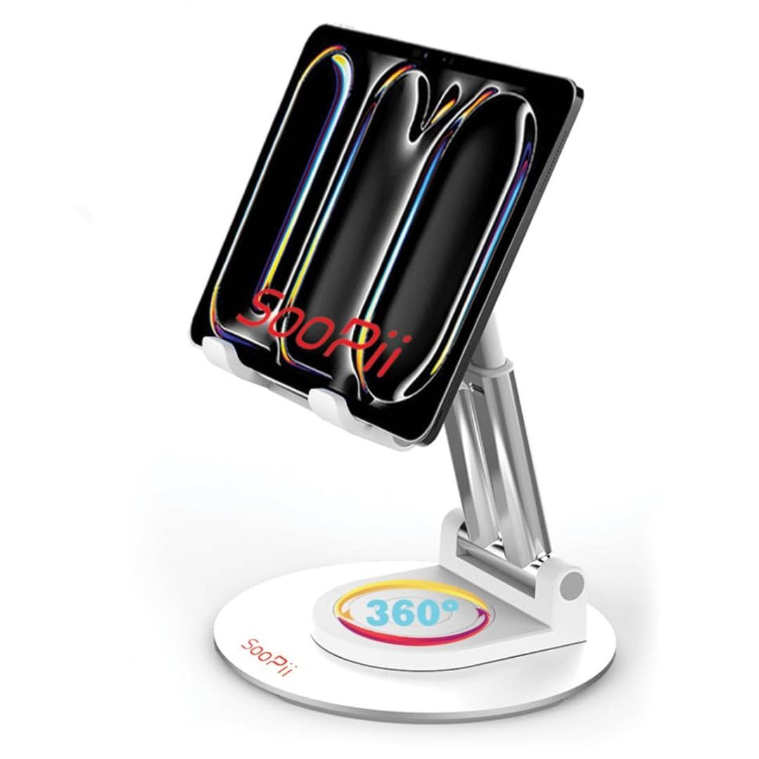 SOOPII Desktop Premium A Quality 360° Rotating Mobile Phone Stand Tablet Stand Tab Stand White Mobile Holder Heavy Base Aluminum Holder for Tablets/Mobile/Tab Stand and e-Book Readers (DM01R PRO)