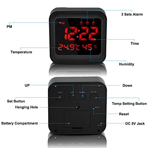 Welltop Digital Wecker mit 3 Sätzen Alarm, Zeit / Temperatur / Luftfeuchtigkeit Anzeige, Großbildschirm Reise Wecker, Schwarz - 4