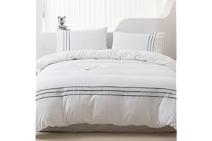 Tokokimo Biancheria da letto 250 x 200 cm, 3 pezzi, in microfibra, copripiumino con cerniera + federa, set da 2 pezzi, 50 x 80 cm, linee semplici, colore bianco