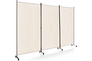 COSTWAY Paravento da Interno in Metallo, Separé Divisorio Interno Pieghevole con Piedini Stabili, Pannelli Divisori per Interni per Casa e Ufficio (Beige, 262 x 180 cm (3 Pannelli con ruote))