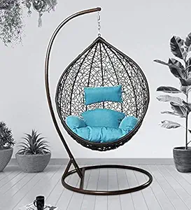 Home Delight Single Seater |Swing Chair with Stand & Cushion & Hook Outdoor Indoor| Outdoor| Living Room | Balcony | Garden | Patio | Home Improvement(Stand_Brown, Basket_Brown, Cushion_Sky Blue)