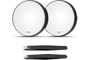 JETOHIX 4 PCS Magnifying Mirror and Tweezers Kit 10X 15X Travel Magnifying Mirror Magnified Makeup Mirror with suction cups for Makeup,Eyebrow Tweezing,Blackhead Blemish Removal