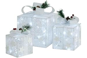 vidaXL 3X Decorative Christmas Gift Boxes Outdoor Indoor Lighted Gift Boxes Xmas Decoration Light-up Gift Box Holiday Ornament White