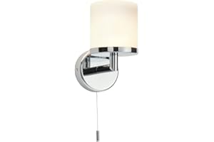 NATIONAL LIGHTING LIPCO Modern Chrome Plated and Frosted Glass Shade Light Fixture with Pull Cord Switch - IP44 Rated Wall Lamp | LED Compatible Fitting for Bathroom Lighting, Restaurant, Bedroom, Living Room, Bedside