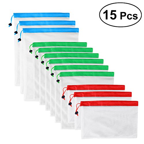 Preisvergleich Produktbild OUNONA 15 Stück Wiederverwendbar Mesh erzeugen Staubbeutel Waschbar umweltfreundlichen Beutel für Einkaufen Aufbewahrung Obst Gemüse (5 x 43,2 cm Blau und 5 x 35,6 cm Grün und 5 x 20,3 cm Rot)
