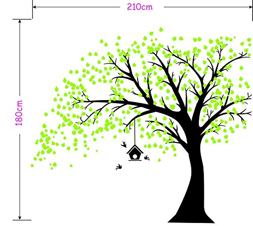 Großer schwarzer Baum als Wandaufkleber, Design mit Grünen Blättern, Vögeln und Vogelkäfig, Vinyl-Wandaufkleber, Aufkleber für Baby- & Kinder-Schlafzimmer, Dekoration - 3