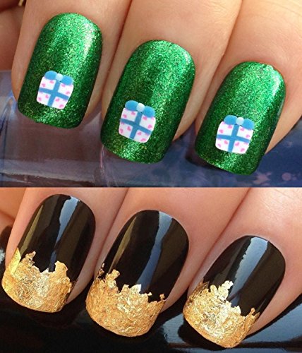 CHRISTMAS NAIL DECALS ART SET #859. x45 FIMO STICK SLICES & A LARGE PLUS GOLD LEAF SHEET! FUN & FUNKY CUTE KAWAII DECORATED PRESENTS GIFT WRAP RIBBON BOW 3D SHAPES DIE CUT CONFETTI DECORATIONS ALLOYS 24KT GOLD LEAF! ALL CAN BE USED WITH NATURAL GEL ACRYLIC STICK ON NAILS!