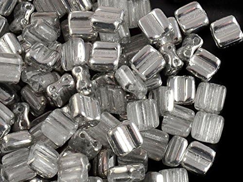 30pcs Silky Block Beads - Czech Glass Pressed Beads with Two Holes, Square 6x6 mm, Crystal Half Silver (Crystal Half Labrador)