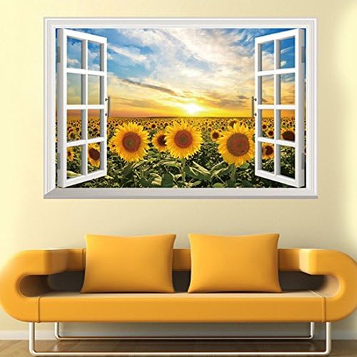 3D Fake Windows Sunflower Sun Wall Sticker Paper Home Decal Removable Wall Vinyl Living Room Bedroom PVC Art Picture Murals Waterproof DIY Stick for Adults Teens Childres Kids Nursery Baby