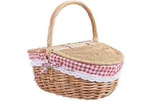 Gokelomg Panier de Pique-Nique en Osier Style avec Couvercle et poignée et Doublure pour Pique-niques, fêtes et barbecues 20x15x13 CM