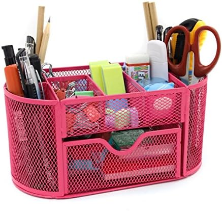 Hemara Mesh Desk Organizer Pen Holder Steel Office Supply Caddy Desk Storage Box Mesh Desk Organizer Pen Holder Steel Office Supply Caddy Desk Storage Box 9 Part (Pink)