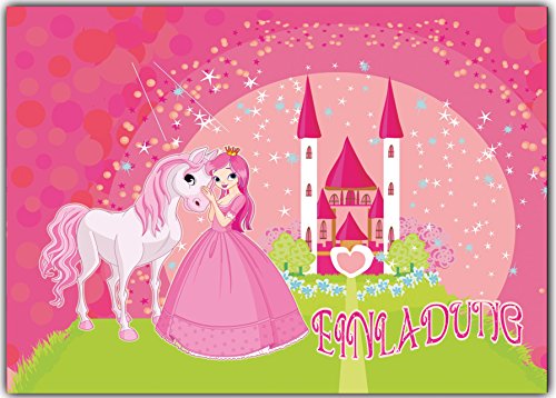Prinzessin Einladungskarten Kindergeburtstag 12 Stück im günstigen Set Kinder Geburtstag Mädchen Fee Pferd Poney Einhorn