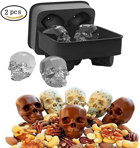 4 Cavity Skull Shape 3D Ice Cube Mold Maker Bar Party Silicone Trays Chocolate Mold Ice Cream Tools Whiskey Ice and Cocktails (4 Cavity Skull 2PCS)