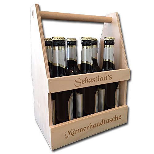 Bier-Träger bzw. Flaschen-Träger als Männer-Handtasche aus Holz inklusive Gravur