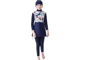 Mädchen Bescheidene Muslimische Bademode UPF 50+ UV Islamischer Hijab Badeanzug Langarm Top Shirt mit kurzer Hose Badekappe 3tlg Schwimmanzug Strandkleidung