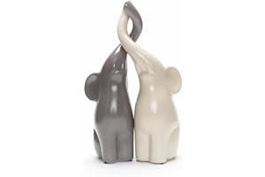 LEVANDEO Zestaw 2 porcelanowych słoni 8 x 8 x 25,5 cm, szara, beżowa figurka dekoracyjna, miłość, prezent