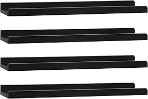 PHOENANCEE Solid Wood, 60cm Wooden Picture Ledge Shelf, Photos Display Shelf, Long Decorative Floating Shelves With Lip For Living Room,Kitchen,Bedroom, Set of 4, Black