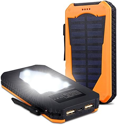 15000mAh Solar Power Bank Solar Ladegerät Dual USB-Solar Charger SunPower mit 2 LED-Taschenlampe,Wasserfest,staubdicht und stoßfest Externer Akku mit Kompass und Karabiner für Handy (Orange-2)