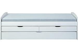 Inter Link - Funktionsbett 90x200 - mit Stauraum - Kinderbett - Jugendbett - Bett mit Schubladen - Massivholzbett - 2 Schubladen - 1 Schubkasten weiß - Massivholz - Ried