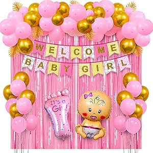 Party Propz Baby Girl Welcome Home Decoration Kit 45Pcs Bunting, Balloon with Pastel Foil Curtain for Baby Shower / Welcome / Birthday Supplies