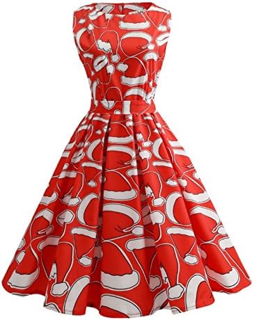 Caissen Women's Vintage 1950s Rockabilly Floral Printed Crew Neck Retro Cocktail Dress Swing Party Gown Red-B Size XL