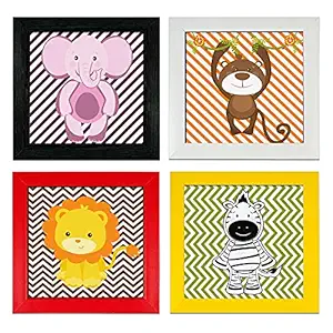Indianara Set of 4 Kids Room Decor Framed Wall Hanging Laminated Paintings Matt Art Prints 9.5 inch x 9.5 inch each without Glass (4006MC)