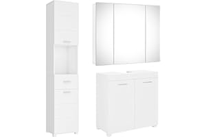 FOREHILL Badmöbel Set weiß, 3 Teile, mit Waschbeckenunterschrank, Hochschrank, Spiegelschrank