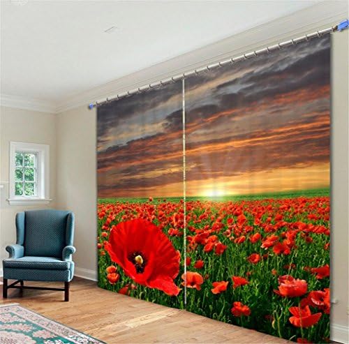 KKLL Curtains Polyester 3D individuality Dandelion Red and white Flowers printing Blackout Insulated Noise Reducting Living room Window Drapes Panel , 2 , wide 3.6x high 2.7