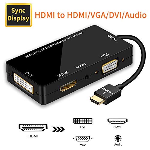 Adaptador HDMI, Visualización Sincronizada 1080P HDMI a VGA DVI HDMI Audio Convertidor de Video 4 en 1 con Cable Micro USB Adaptador Multipuerto