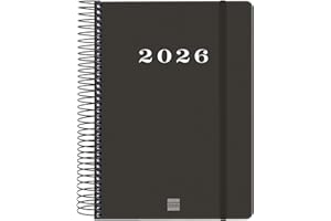 Finocam - Agenda Espiral 2026 1 Día Página | Enero - Diciembre (12 meses) | Agenda Anual 2026 con goma elástica | Tapa Dura Espiral My - Negro - Español