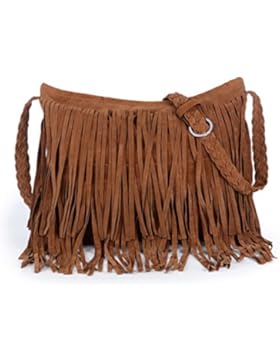 Heyjewels Damen Tasche Schultertasche Umhängetasche mit Fransen Kunstwildleder 34x29x11cm (B x H x T)